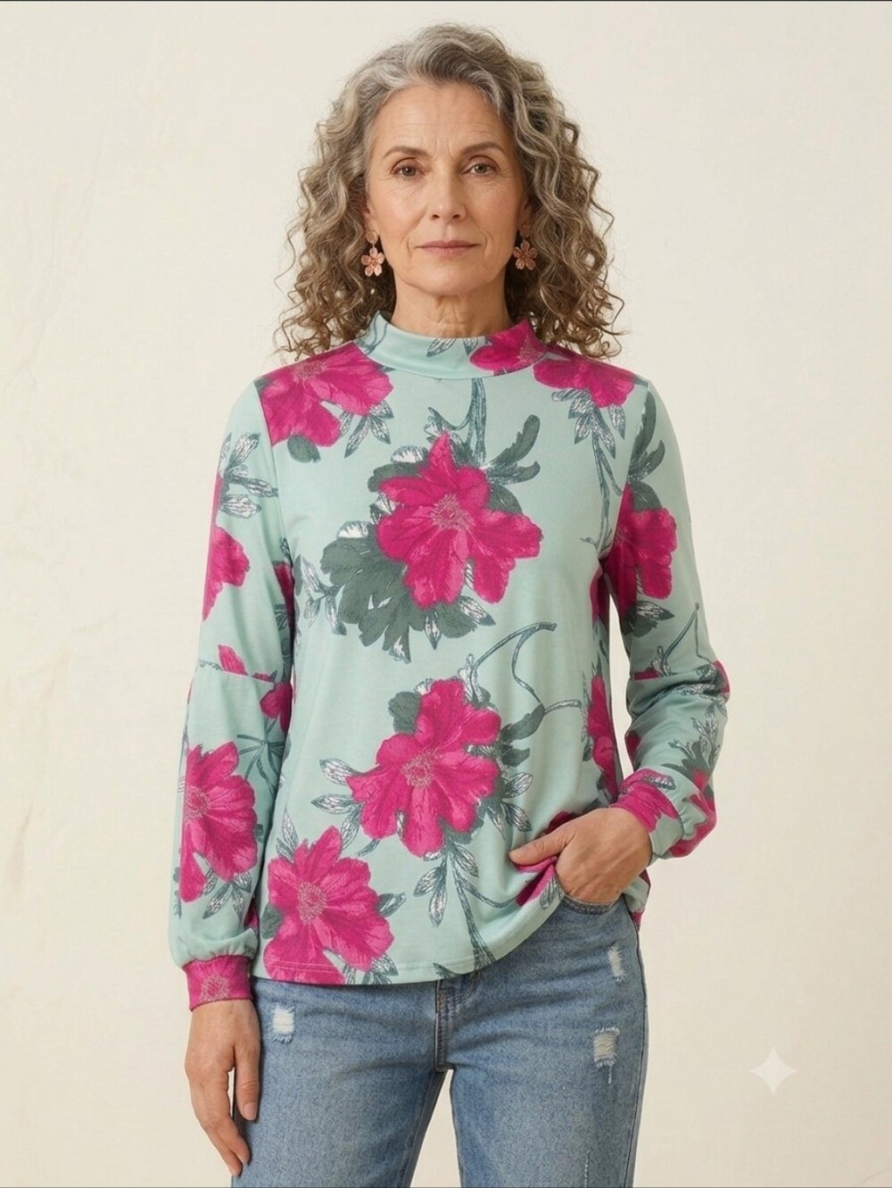 Studio Mint Green Long Sleeve Top with Fuchsia Floral Print